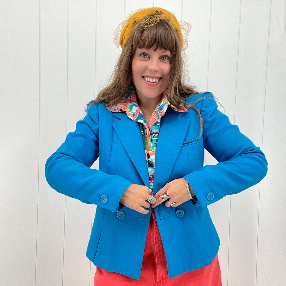 Vintage 80s 90s Bright Teal Blue Boxy Double Breasted Blazer Peabody House M